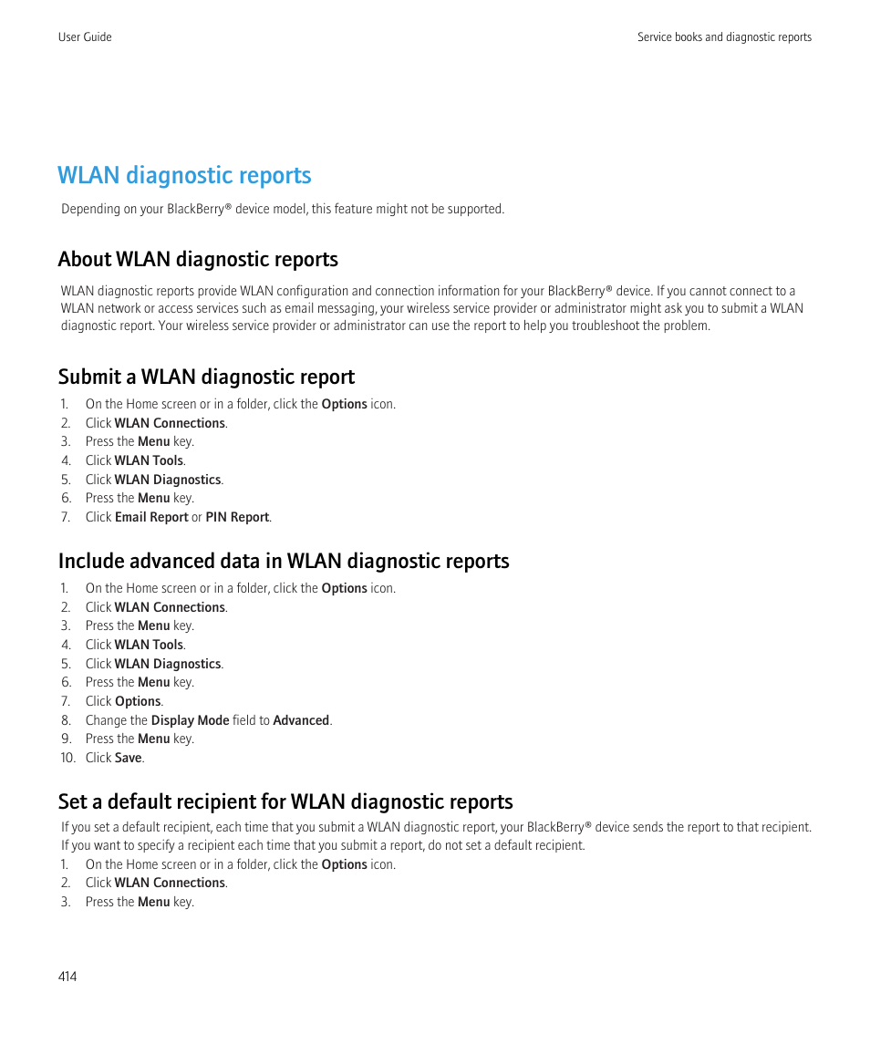 Wlan diagnostic reports, About wlan diagnostic reports, Submit a wlan diagnostic report | Include advanced data in wlan diagnostic reports | Blackberry CURVE 8980 User Manual | Page 416 / 443
