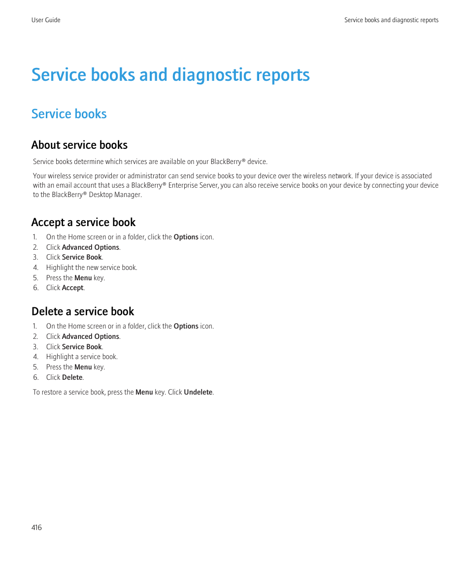 Service books and diagnostic reports, Service books, About service books | Accept a service book, Delete a service book | Blackberry CURVE 8980 User Manual | Page 418 / 443