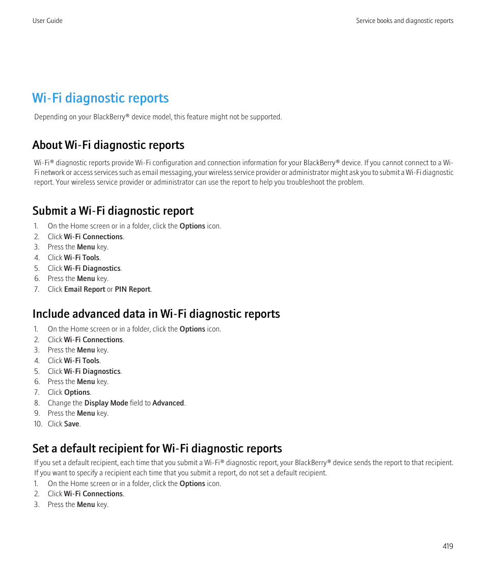 Wi-fi diagnostic reports, About wi-fi diagnostic reports, Submit a wi-fi diagnostic report | Include advanced data in wi-fi diagnostic reports | Blackberry CURVE 8980 User Manual | Page 421 / 443