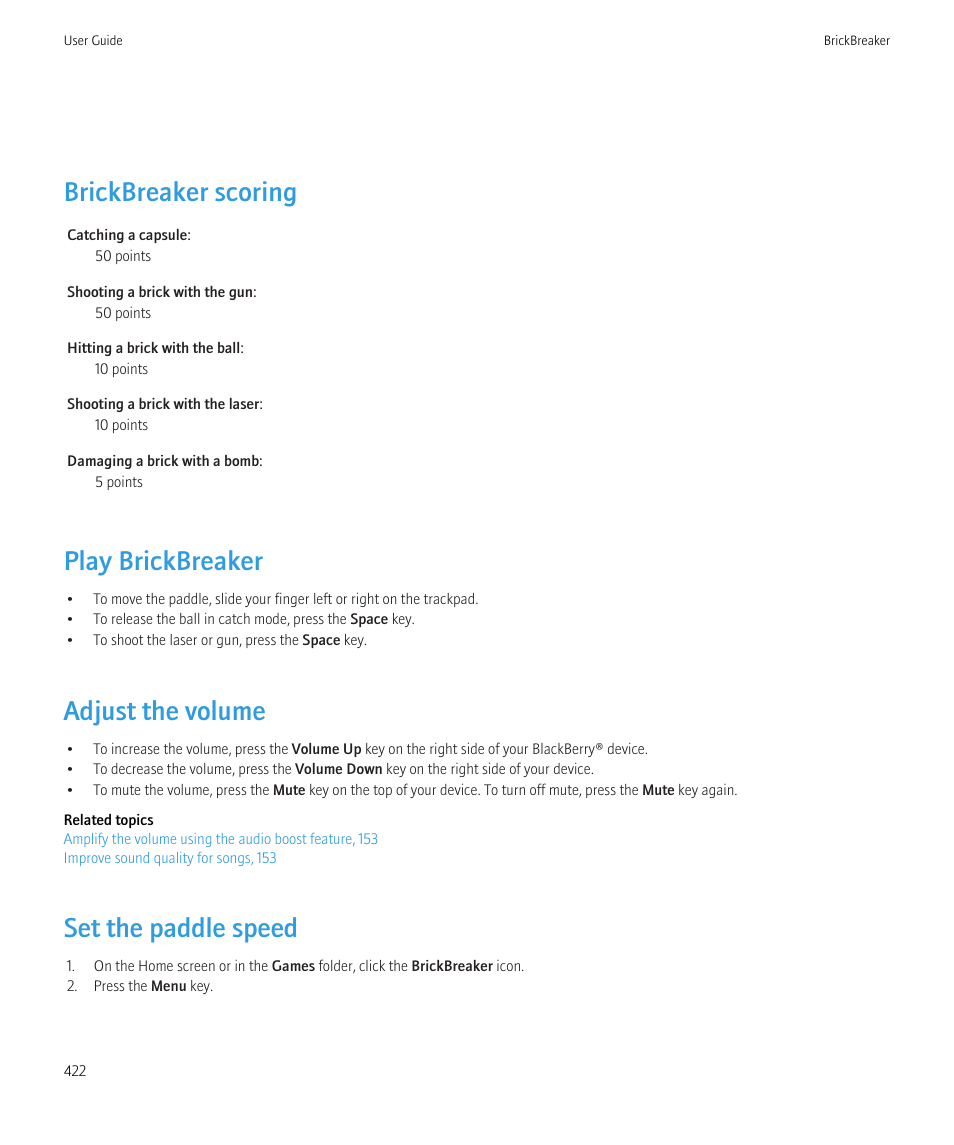 Brickbreaker scoring, Play brickbreaker, Adjust the volume | Set the paddle speed | Blackberry CURVE 8980 User Manual | Page 424 / 443