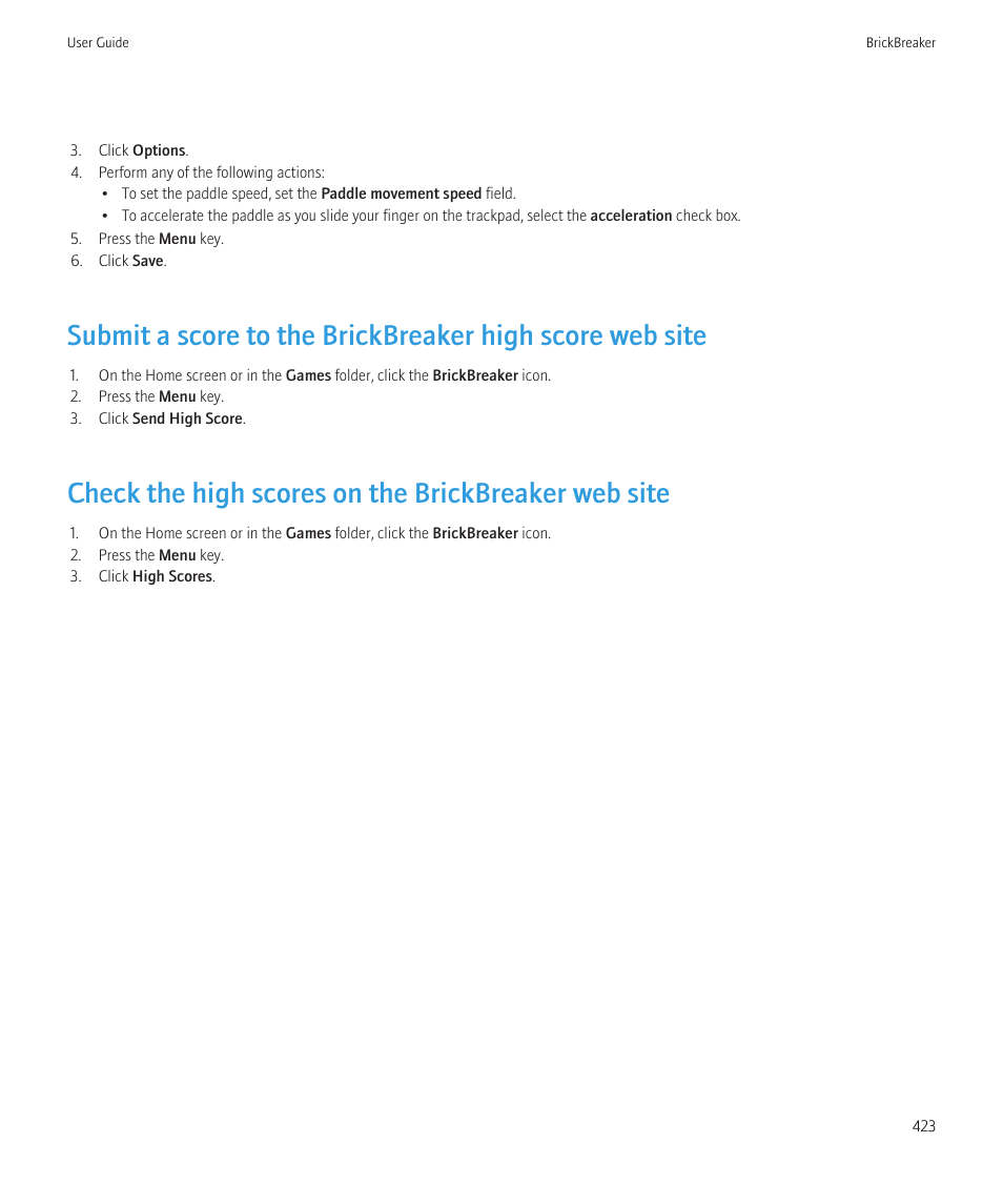 Check the high scores on the brickbreaker web site | Blackberry CURVE 8980 User Manual | Page 425 / 443