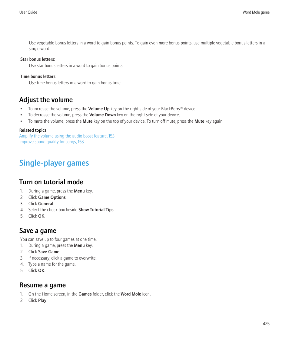 Single-player games, Adjust the volume, Turn on tutorial mode | Save a game, Resume a game | Blackberry CURVE 8980 User Manual | Page 427 / 443