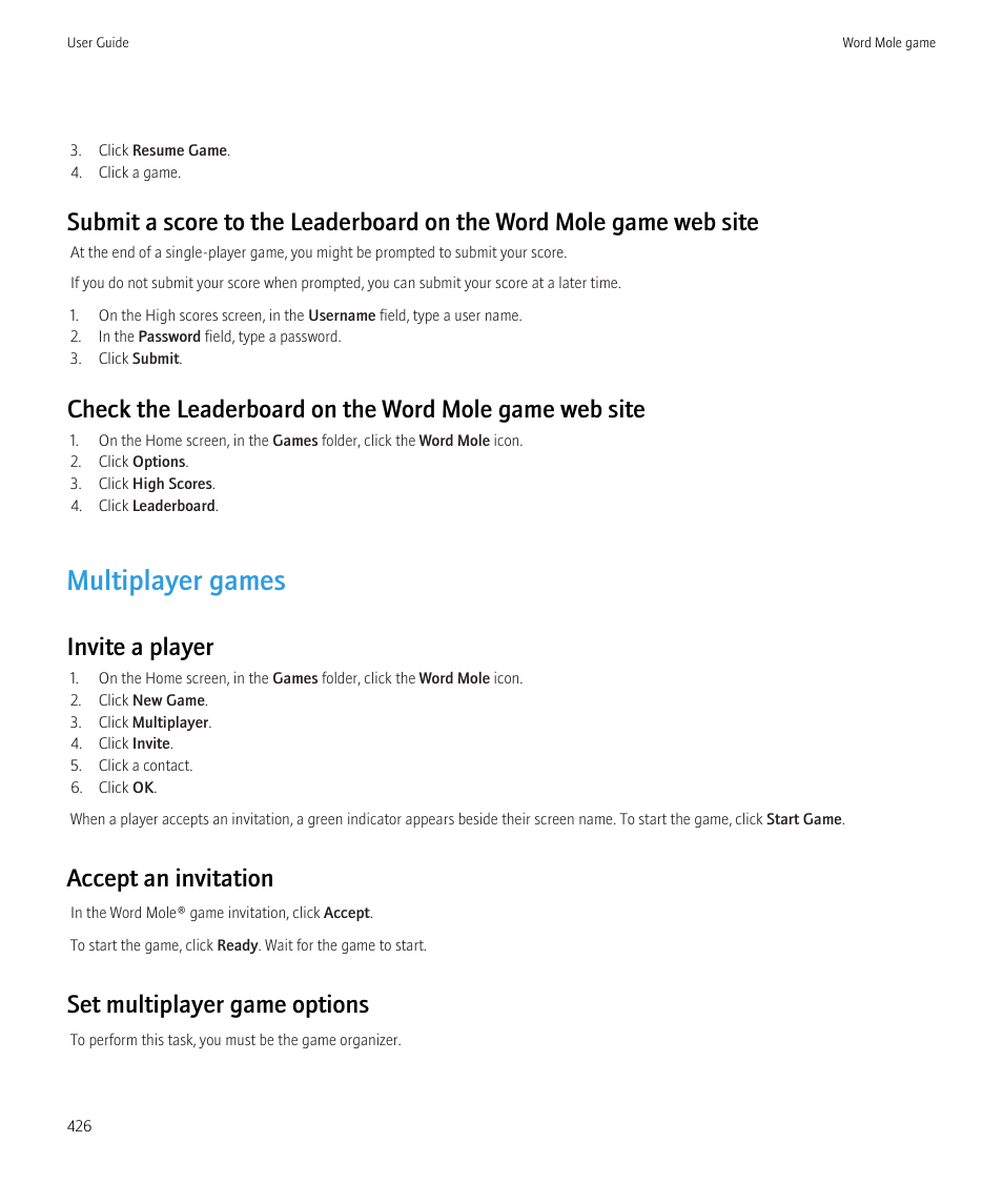 Multiplayer games, Invite a player, Accept an invitation | Set multiplayer game options | Blackberry CURVE 8980 User Manual | Page 428 / 443