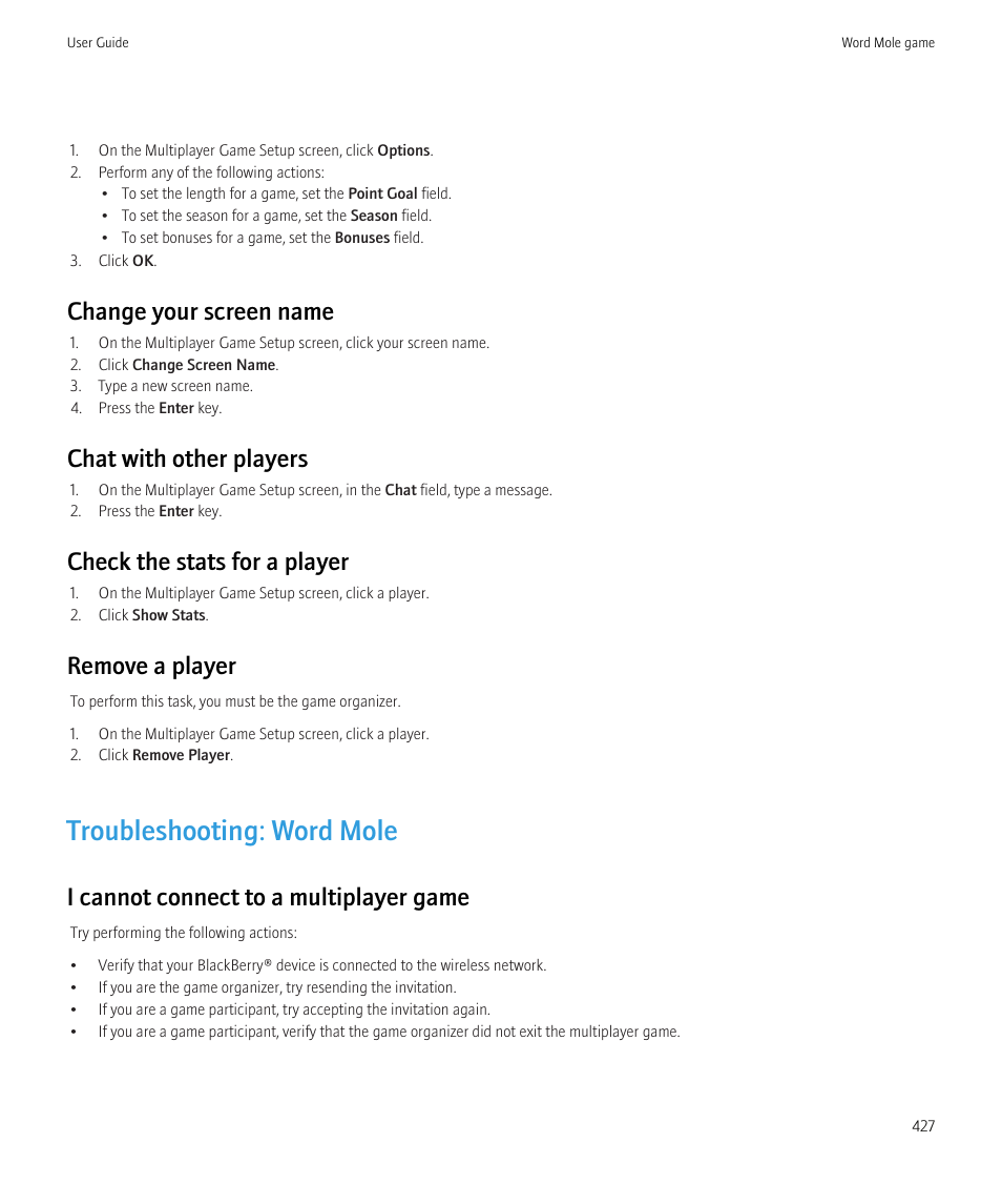Troubleshooting: word mole, Change your screen name, Chat with other players | Check the stats for a player, Remove a player, I cannot connect to a multiplayer game | Blackberry CURVE 8980 User Manual | Page 429 / 443