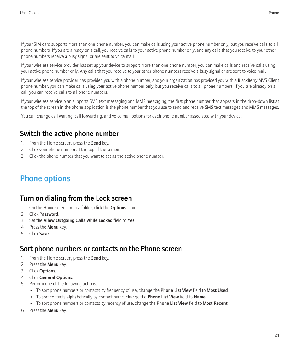 Phone options, Switch the active phone number, 41, Switch the active phone number | Turn on dialing from the lock screen, Sort phone numbers or contacts on the phone screen | Blackberry CURVE 8980 User Manual | Page 43 / 443