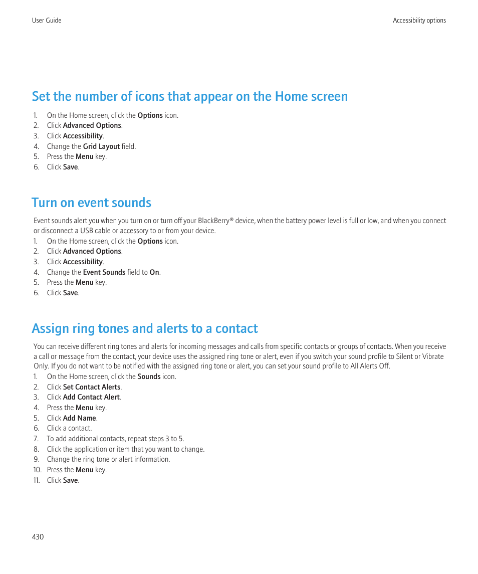 Turn on event sounds, Assign ring tones and alerts to a contact | Blackberry CURVE 8980 User Manual | Page 432 / 443