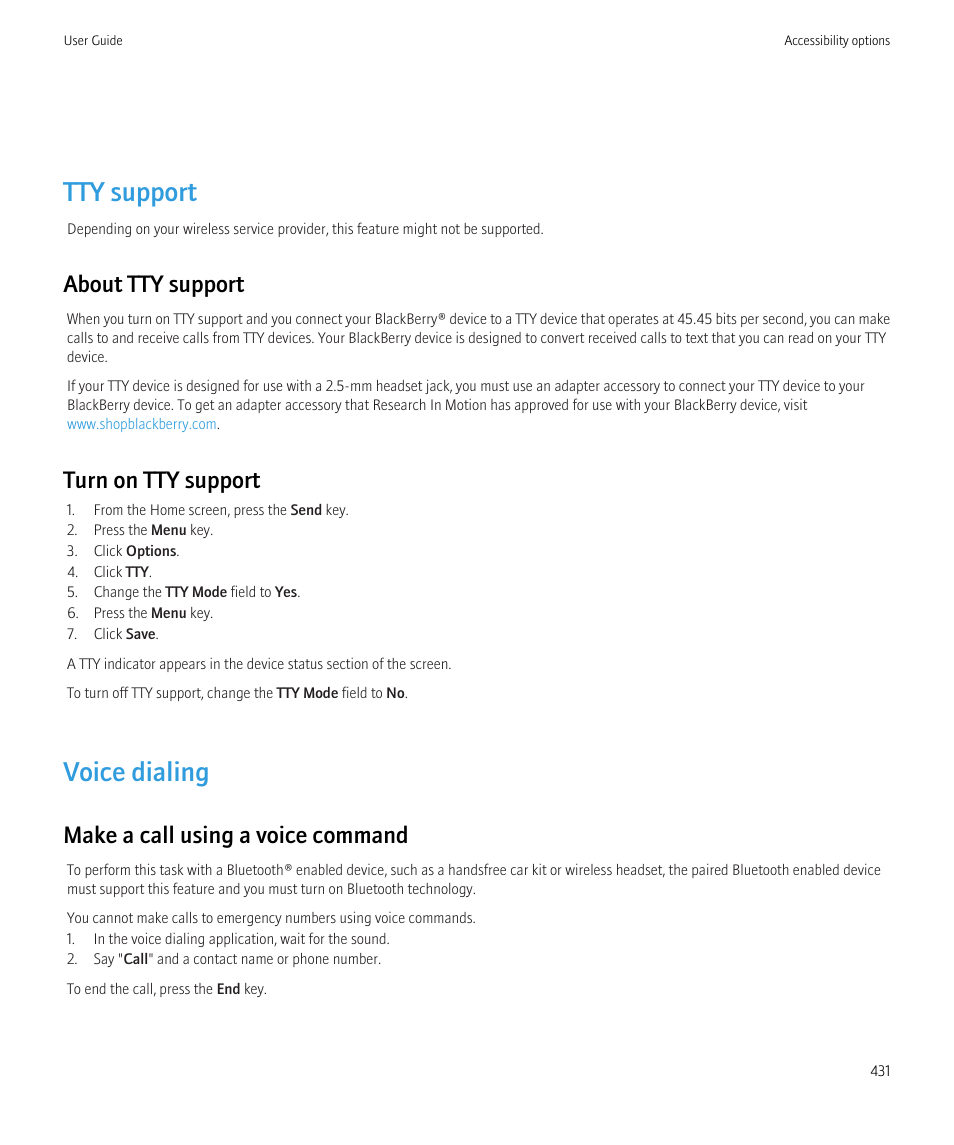 Tty support, Voice dialing, About tty support | Turn on tty support, Make a call using a voice command | Blackberry CURVE 8980 User Manual | Page 433 / 443