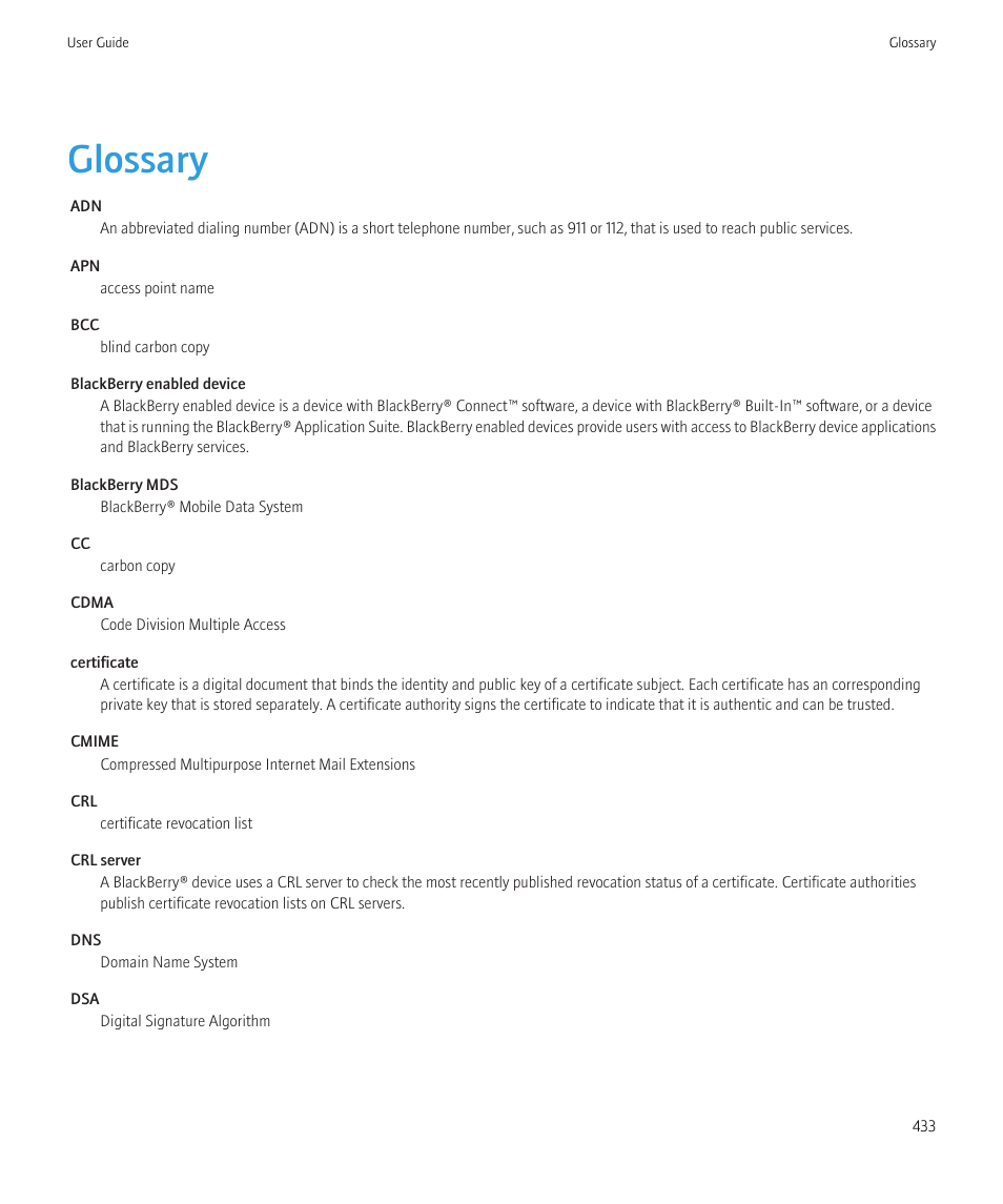 Glossary | Blackberry CURVE 8980 User Manual | Page 435 / 443