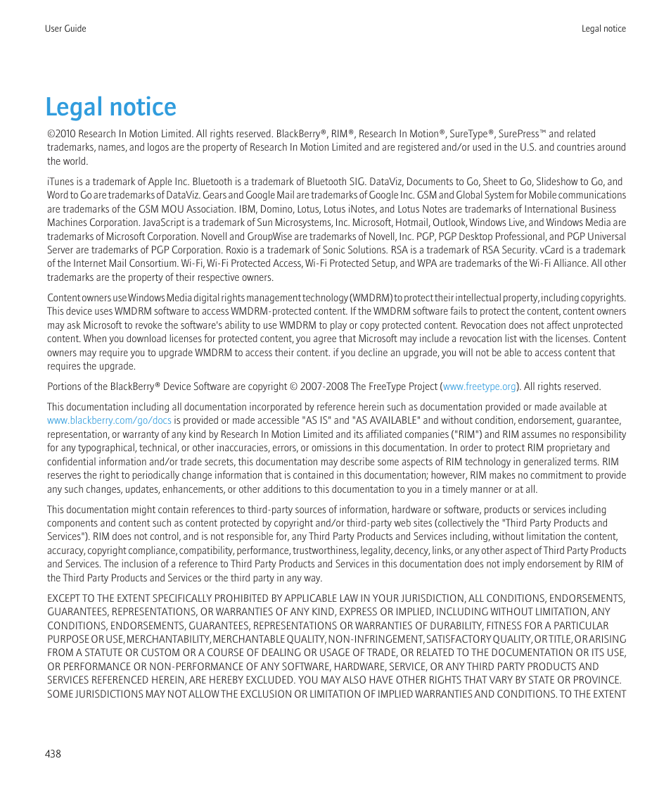 Legal notice | Blackberry CURVE 8980 User Manual | Page 440 / 443