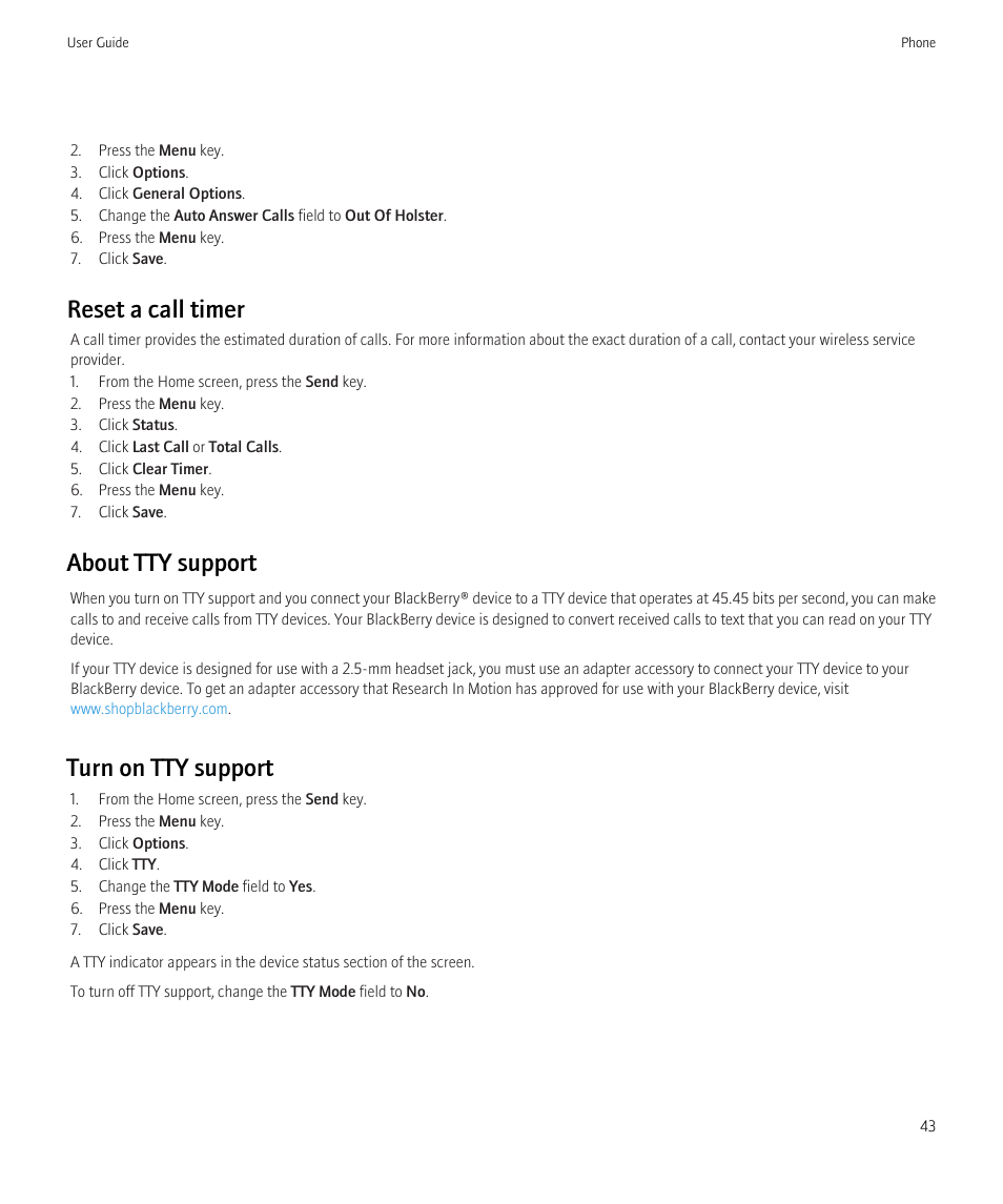 Reset a call timer, About tty support, Turn on tty support | Blackberry CURVE 8980 User Manual | Page 45 / 443