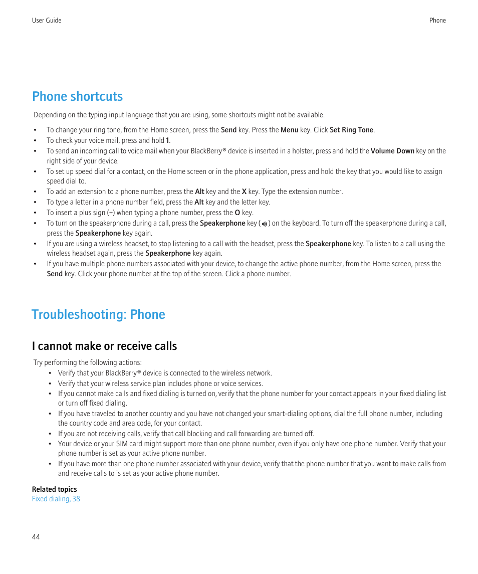 Phone shortcuts, Troubleshooting: phone, I cannot make or receive calls | Blackberry CURVE 8980 User Manual | Page 46 / 443