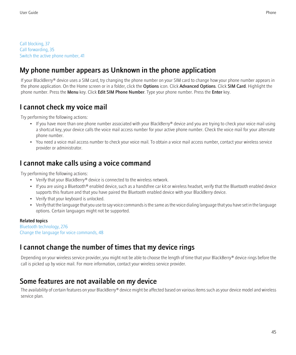 I cannot check my voice mail, I cannot make calls using a voice command, Some features are not available on my device | Blackberry CURVE 8980 User Manual | Page 47 / 443