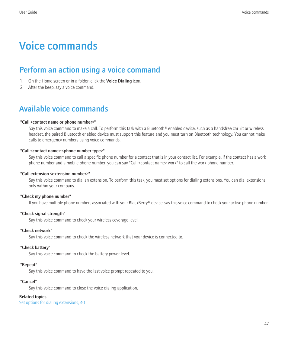 Voice commands, Perform an action using a voice command, Available voice commands | Available voice commands, 47 | Blackberry CURVE 8980 User Manual | Page 49 / 443