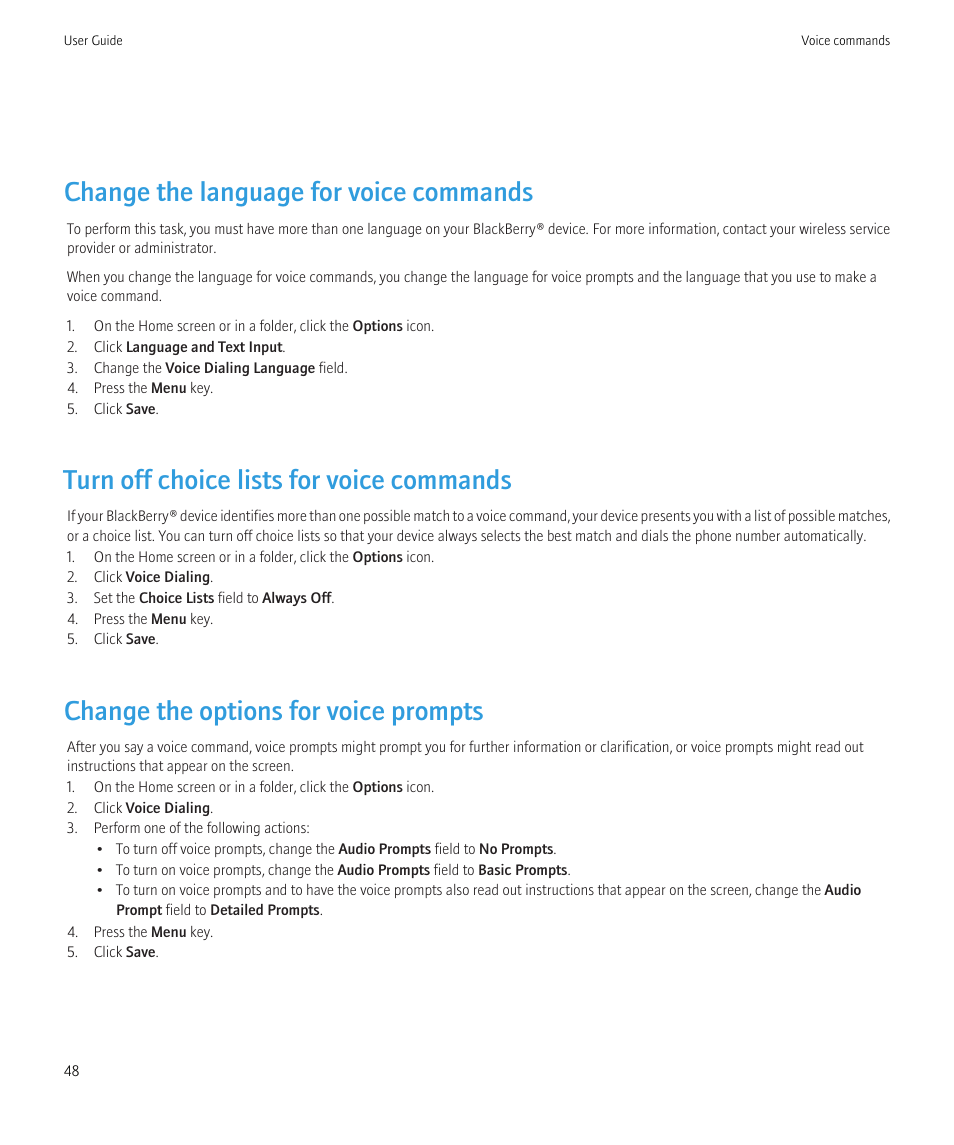 Change the language for voice commands, Turn off choice lists for voice commands, Change the options for voice prompts | Change the language for voice commands, 48 | Blackberry CURVE 8980 User Manual | Page 50 / 443