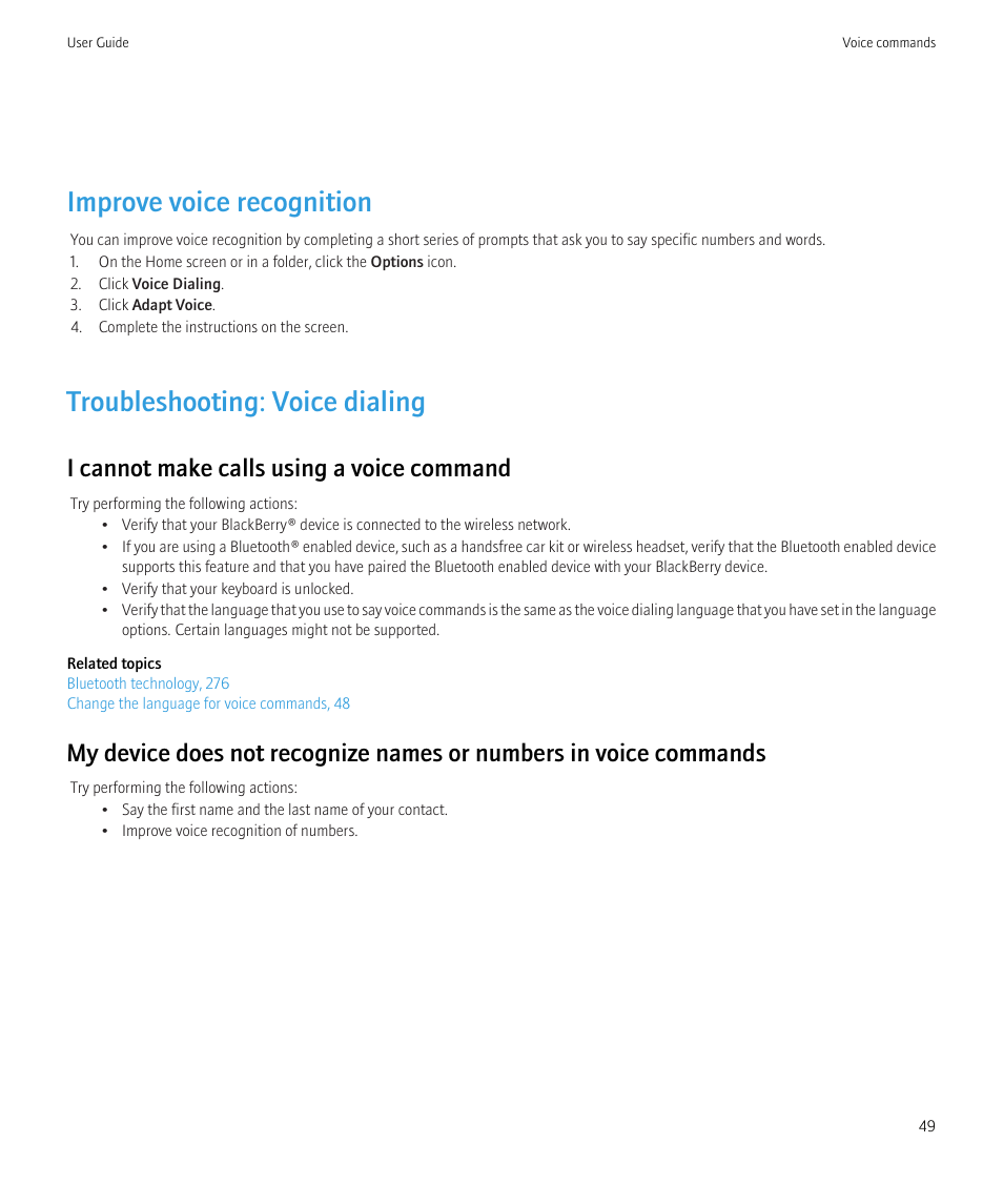 Improve voice recognition, Troubleshooting: voice dialing, I cannot make calls using a voice command | Blackberry CURVE 8980 User Manual | Page 51 / 443