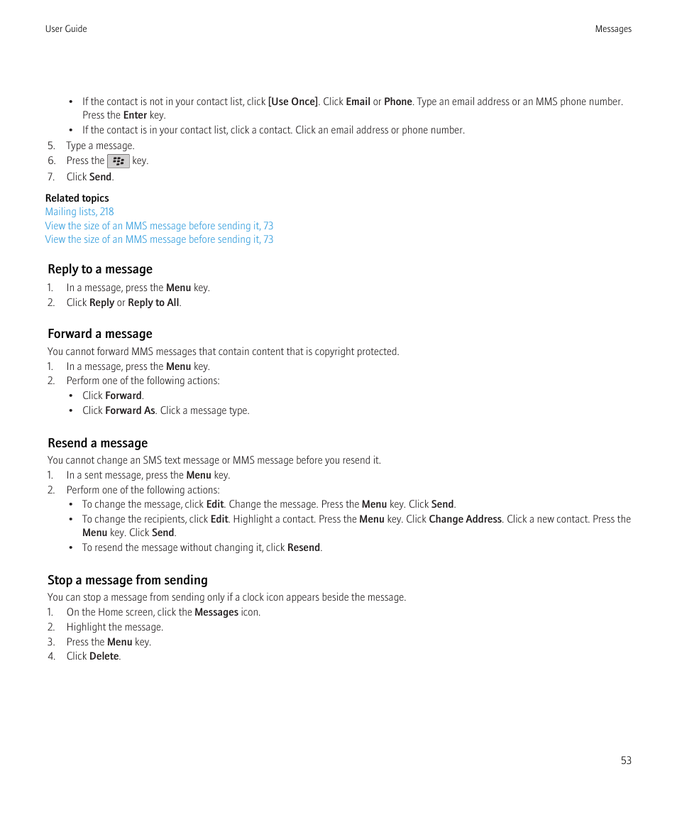 Reply to a message, Forward a message, Resend a message | Stop a message from sending | Blackberry CURVE 8980 User Manual | Page 55 / 443
