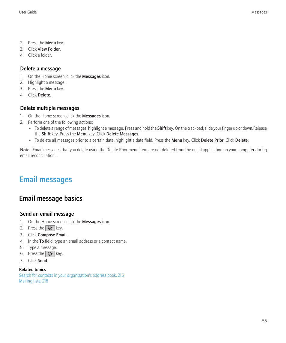 Email messages, Delete a message, 55, Email message basics | Blackberry CURVE 8980 User Manual | Page 57 / 443