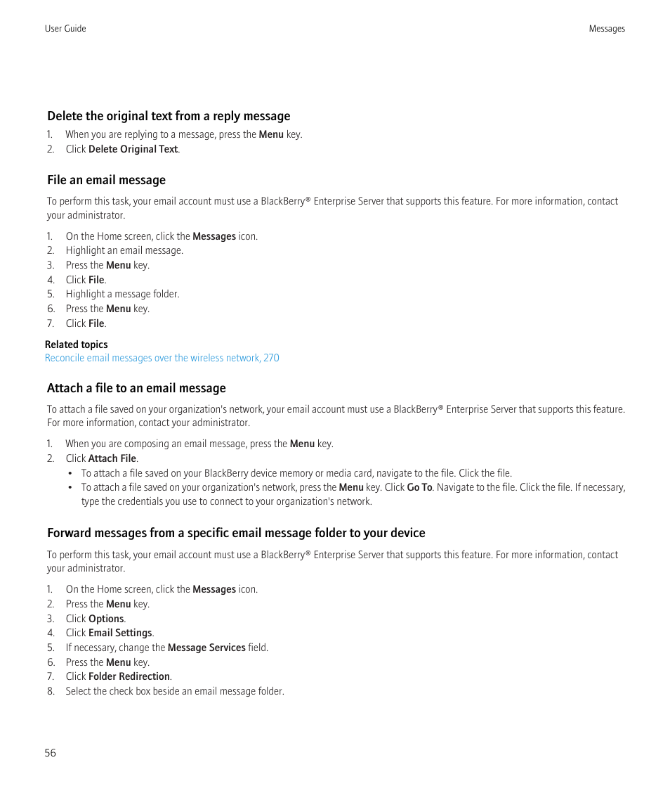 Delete the original text from a reply message, File an email message, Attach a file to an email message | Blackberry CURVE 8980 User Manual | Page 58 / 443