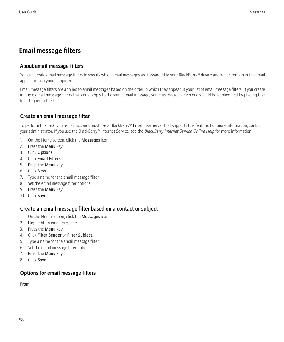 Email message filters | Blackberry CURVE 8980 User Manual | Page 60 / 443