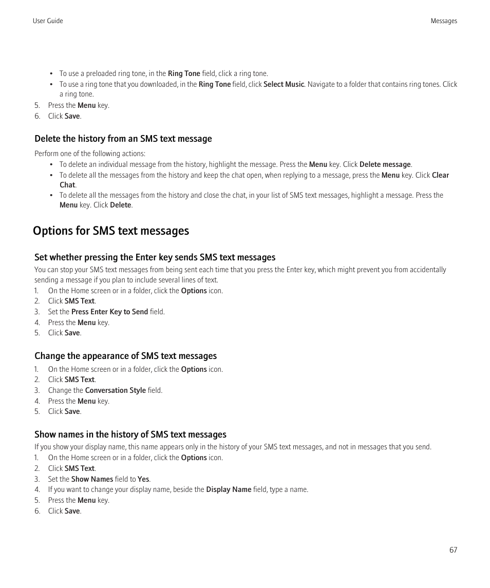 Options for sms text messages | Blackberry CURVE 8980 User Manual | Page 69 / 443