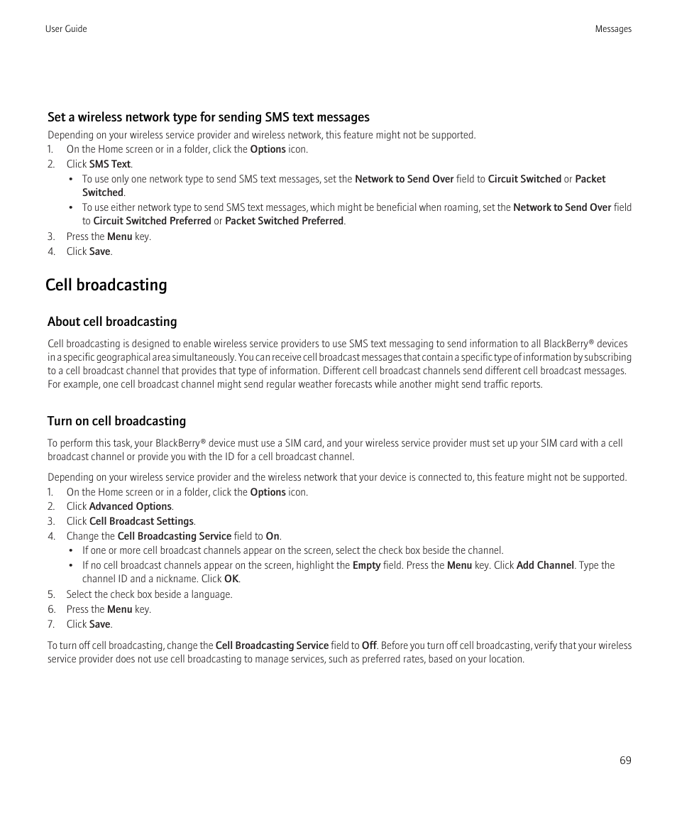 Cell broadcasting | Blackberry CURVE 8980 User Manual | Page 71 / 443