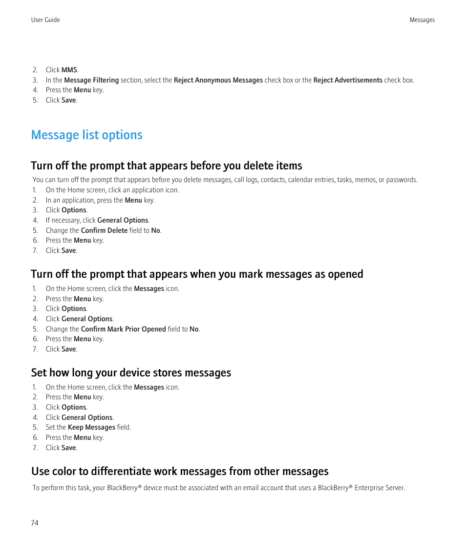 Message list options, Set how long your device stores messages | Blackberry CURVE 8980 User Manual | Page 76 / 443