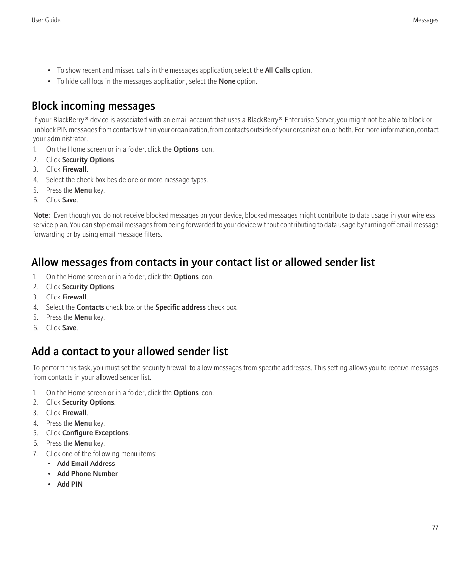 Block incoming messages, Add a contact to your allowed sender list | Blackberry CURVE 8980 User Manual | Page 79 / 443