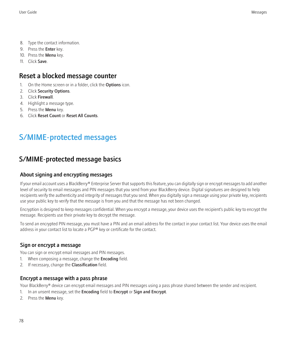 S/mime-protected messages, Reset a blocked message counter, S/mime-protected message basics | Blackberry CURVE 8980 User Manual | Page 80 / 443