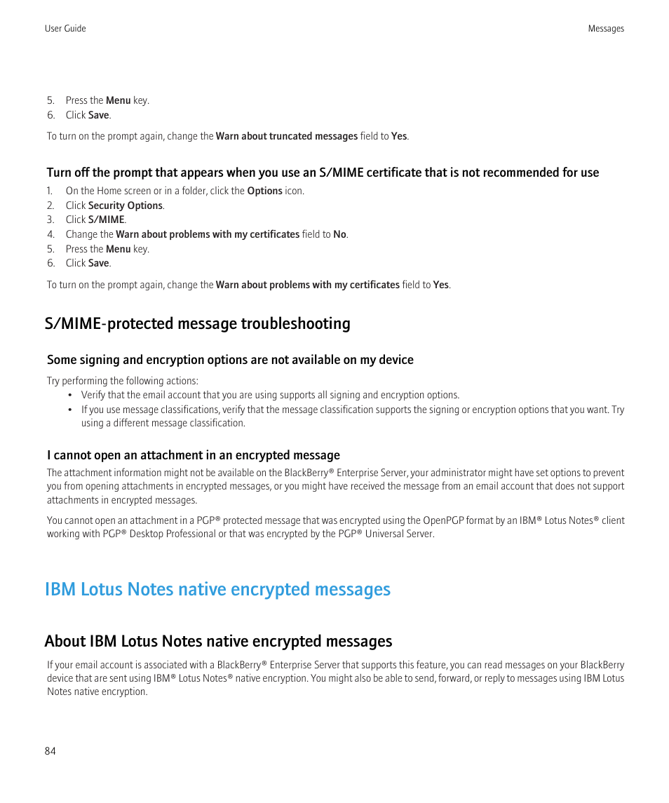 Ibm lotus notes native encrypted messages, S/mime-protected message troubleshooting | Blackberry CURVE 8980 User Manual | Page 86 / 443