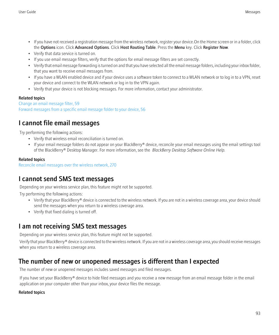 I cannot file email messages, I cannot send sms text messages, I am not receiving sms text messages | Blackberry CURVE 8980 User Manual | Page 95 / 443