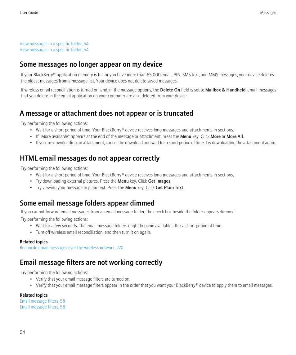 Some messages no longer appear on my device, Html email messages do not appear correctly, Some email message folders appear dimmed | Email message filters are not working correctly | Blackberry CURVE 8980 User Manual | Page 96 / 443