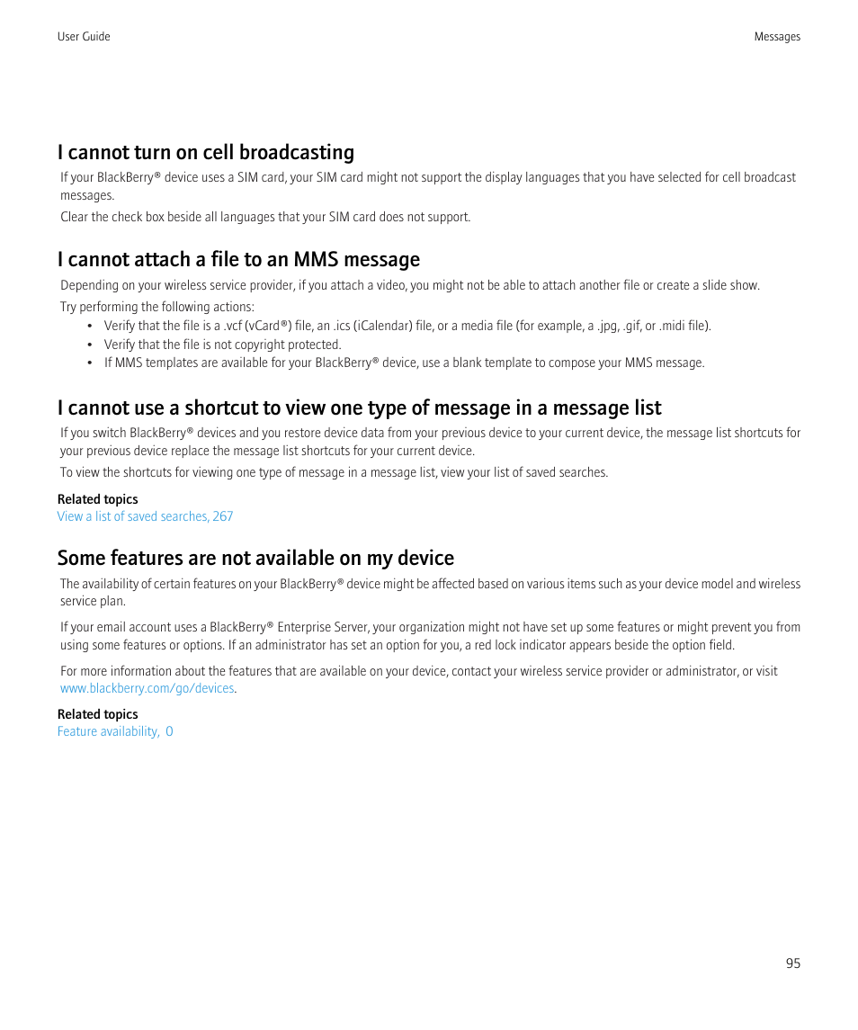 I cannot turn on cell broadcasting, I cannot attach a file to an mms message, Some features are not available on my device | Blackberry CURVE 8980 User Manual | Page 97 / 443