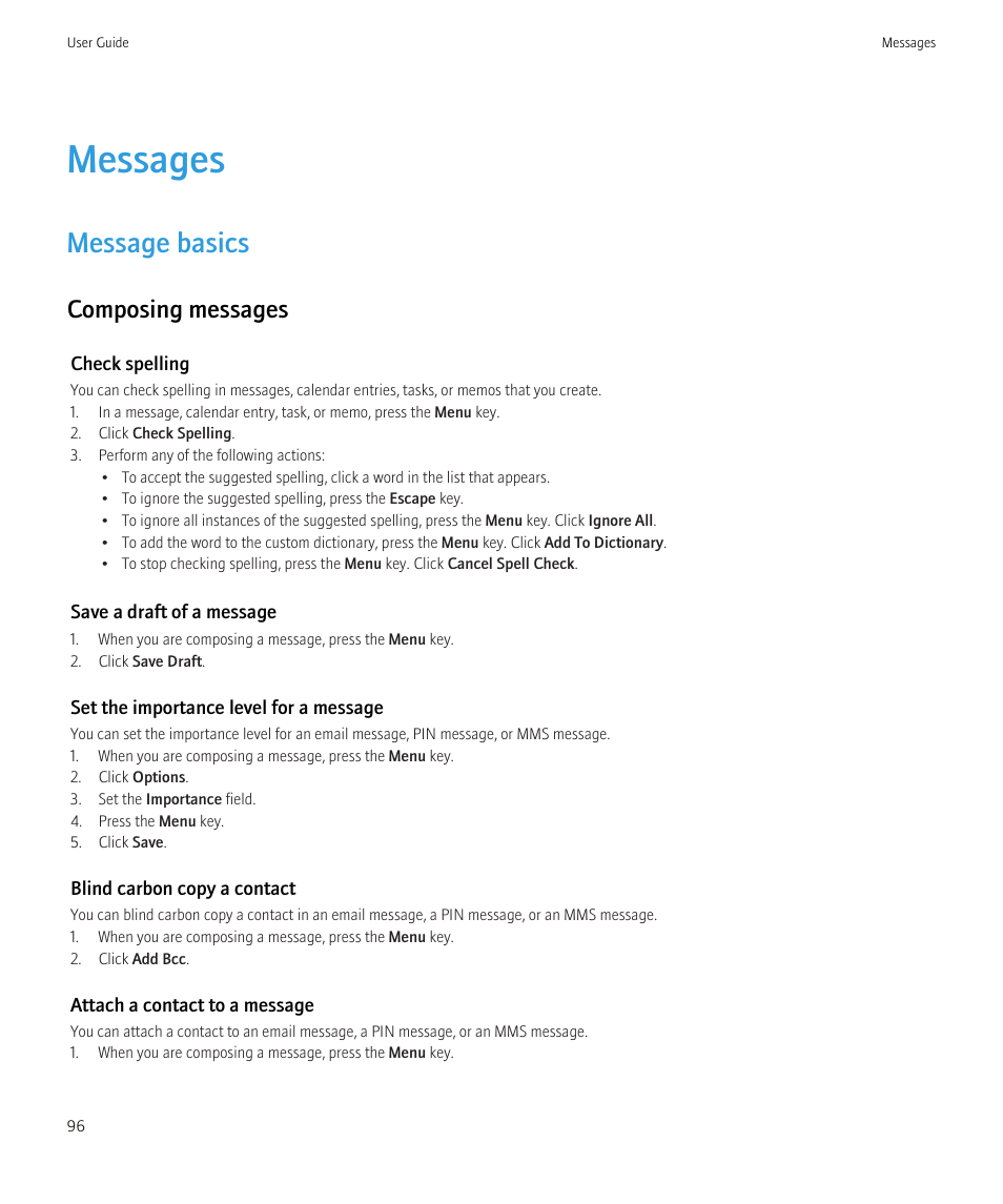 Messages, Message basics, Composing messages | Blackberry CURVE 8980 User Manual | Page 98 / 443