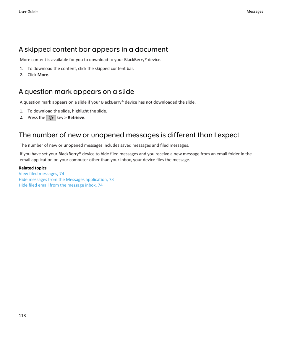 A skipped content bar appears in a document, A question mark appears on a slide | Blackberry PEARL 9105 User Manual | Page 120 / 325