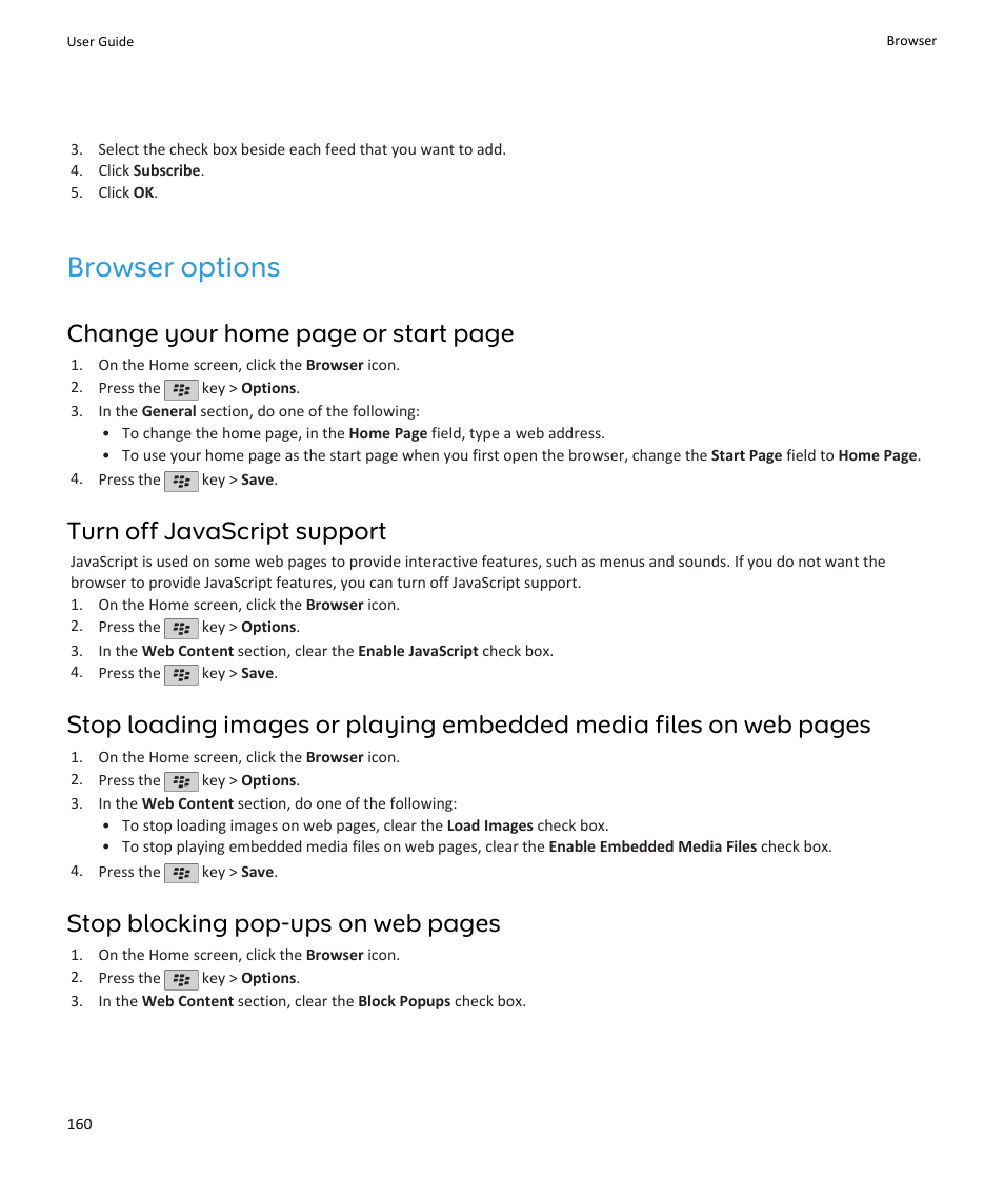 Browser options, Change your home page or start page, Turn off javascript support | Stop blocking pop-ups on web pages | Blackberry PEARL 9105 User Manual | Page 162 / 325