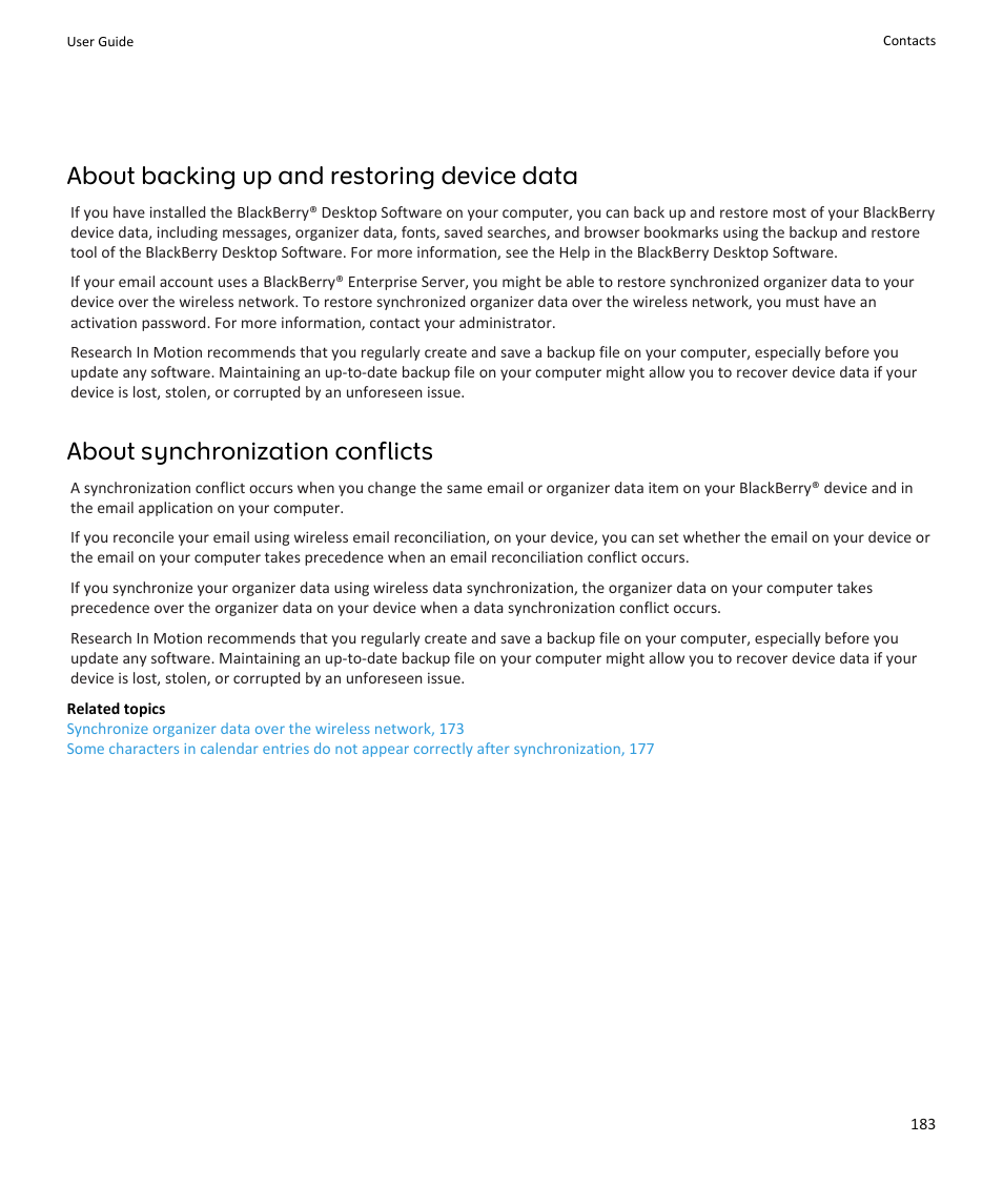 About backing up and restoring device data, About synchronization conflicts | Blackberry PEARL 9105 User Manual | Page 185 / 325