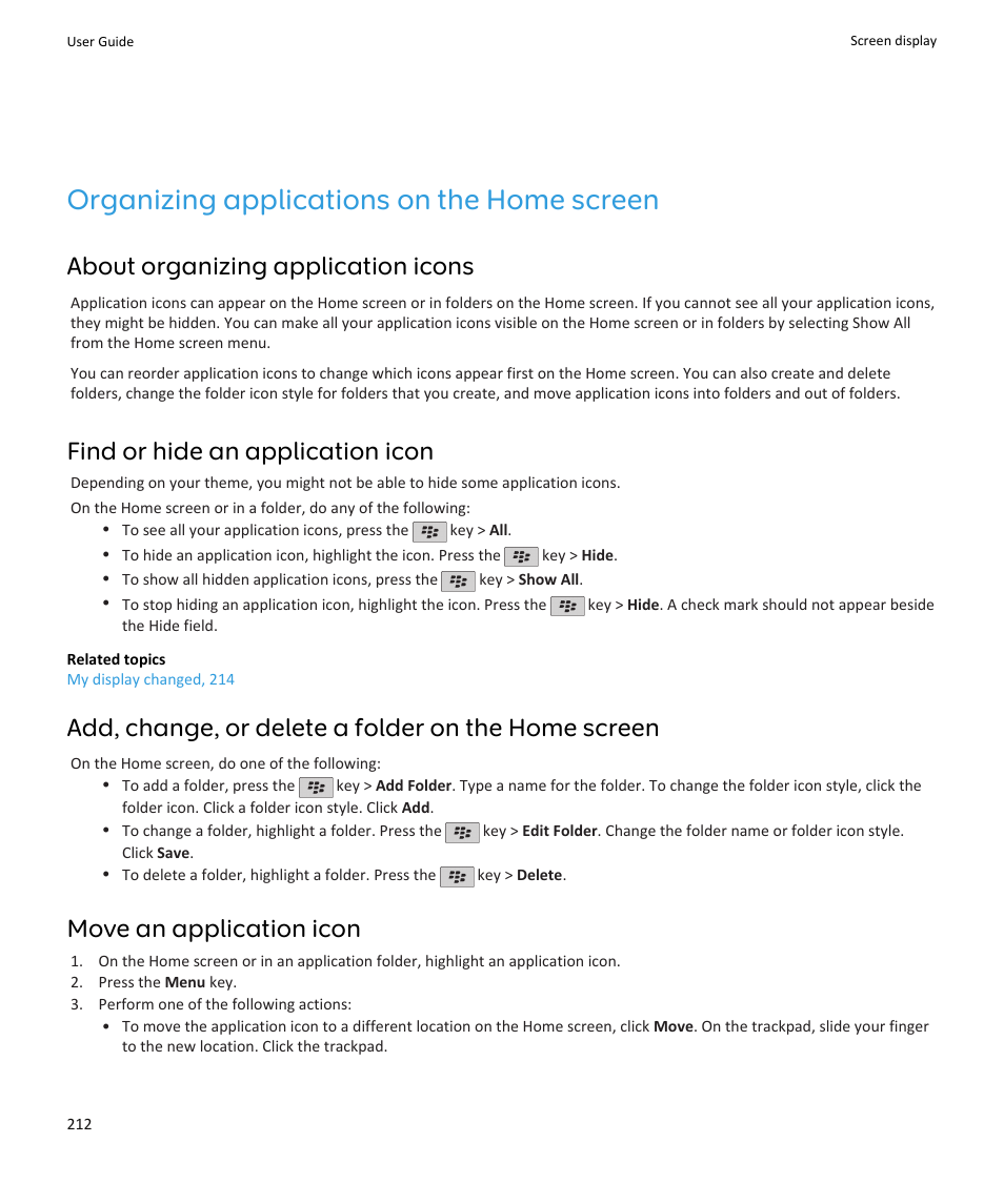 Organizing applications on the home screen, About organizing application icons, Find or hide an application icon | Add, change, or delete a folder on the home screen, Move an application icon | Blackberry PEARL 9105 User Manual | Page 214 / 325