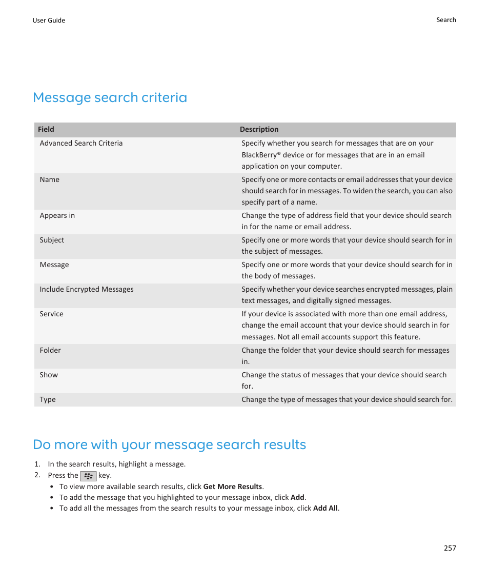 Message search criteria, Do more with your message search results | Blackberry PEARL 9105 User Manual | Page 259 / 325