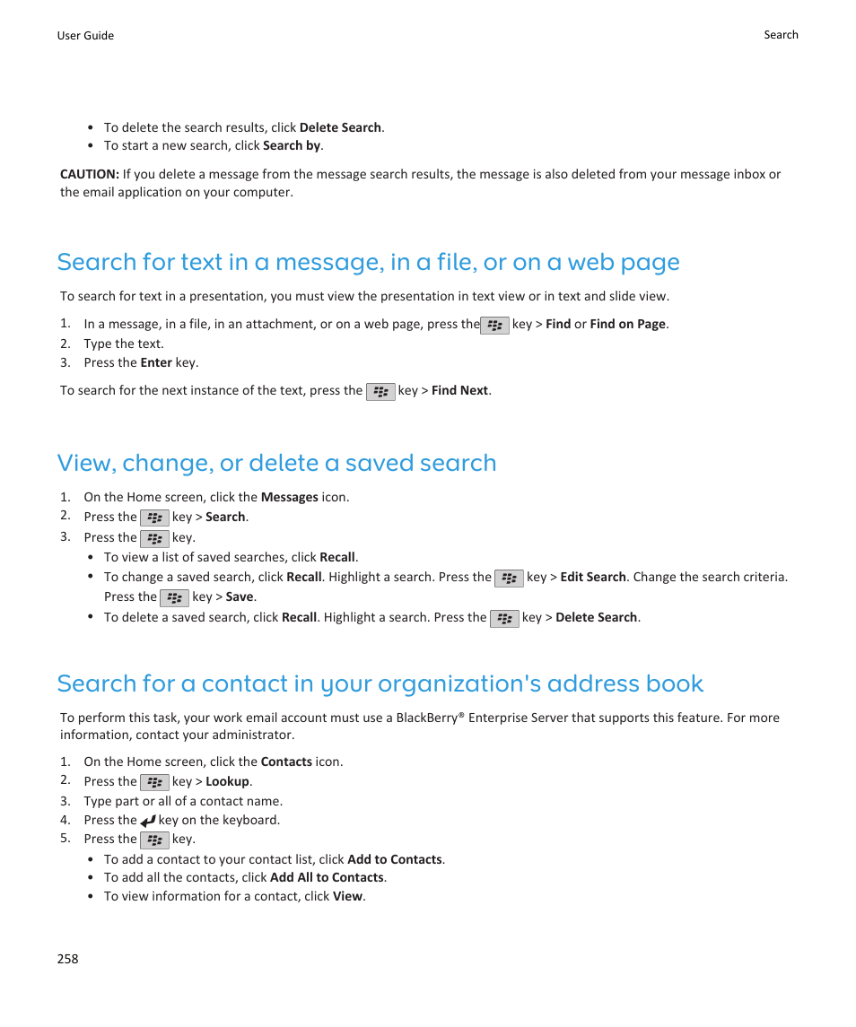 View, change, or delete a saved search | Blackberry PEARL 9105 User Manual | Page 260 / 325