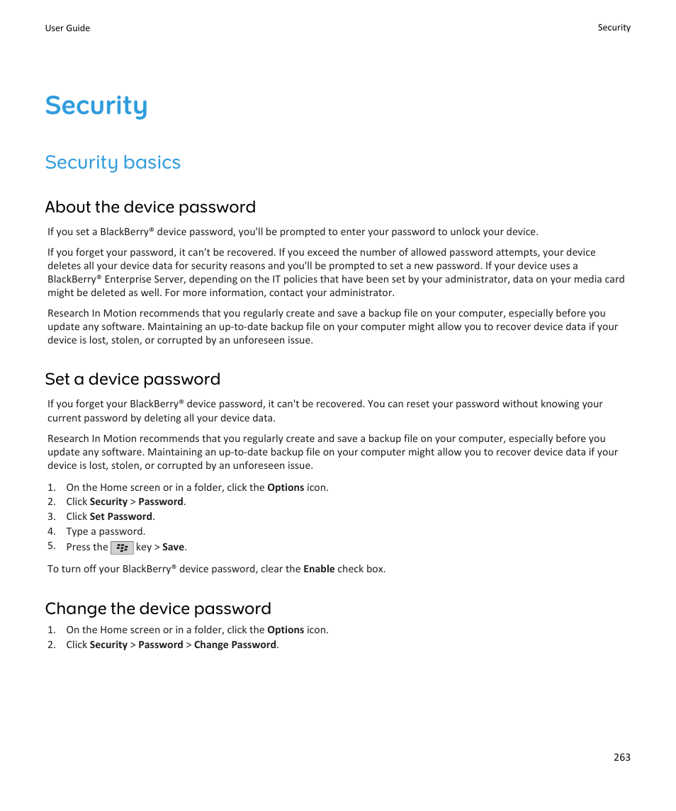 Security, Security basics, About the device password | Set a device password, Change the device password | Blackberry PEARL 9105 User Manual | Page 265 / 325