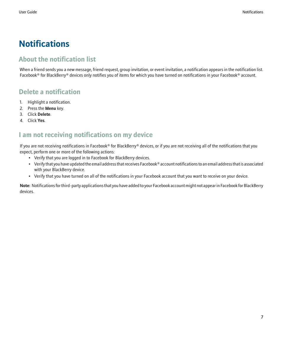 Notifications, About the notification list, Delete a notification | I am not receiving notifications on my device | Blackberry SWDT266756-488031-0812023611-001 User Manual | Page 9 / 18
