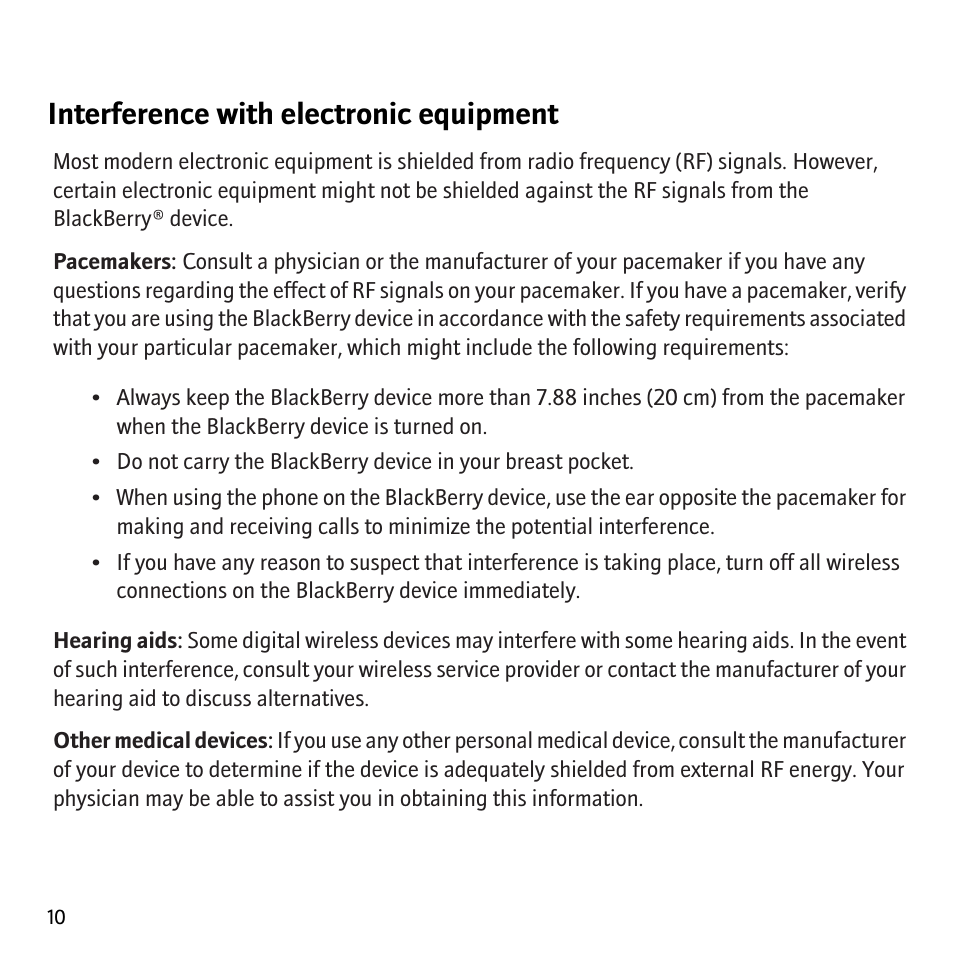 Interference with electronic equipment | Blackberry Bold 9000 User Manual | Page 12 / 36