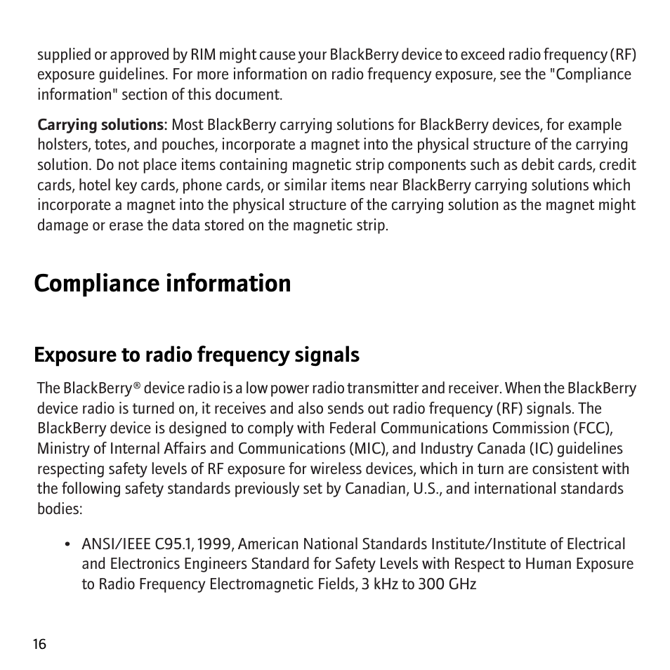 Compliance information, Exposure to radio frequency signals | Blackberry Bold 9000 User Manual | Page 18 / 36