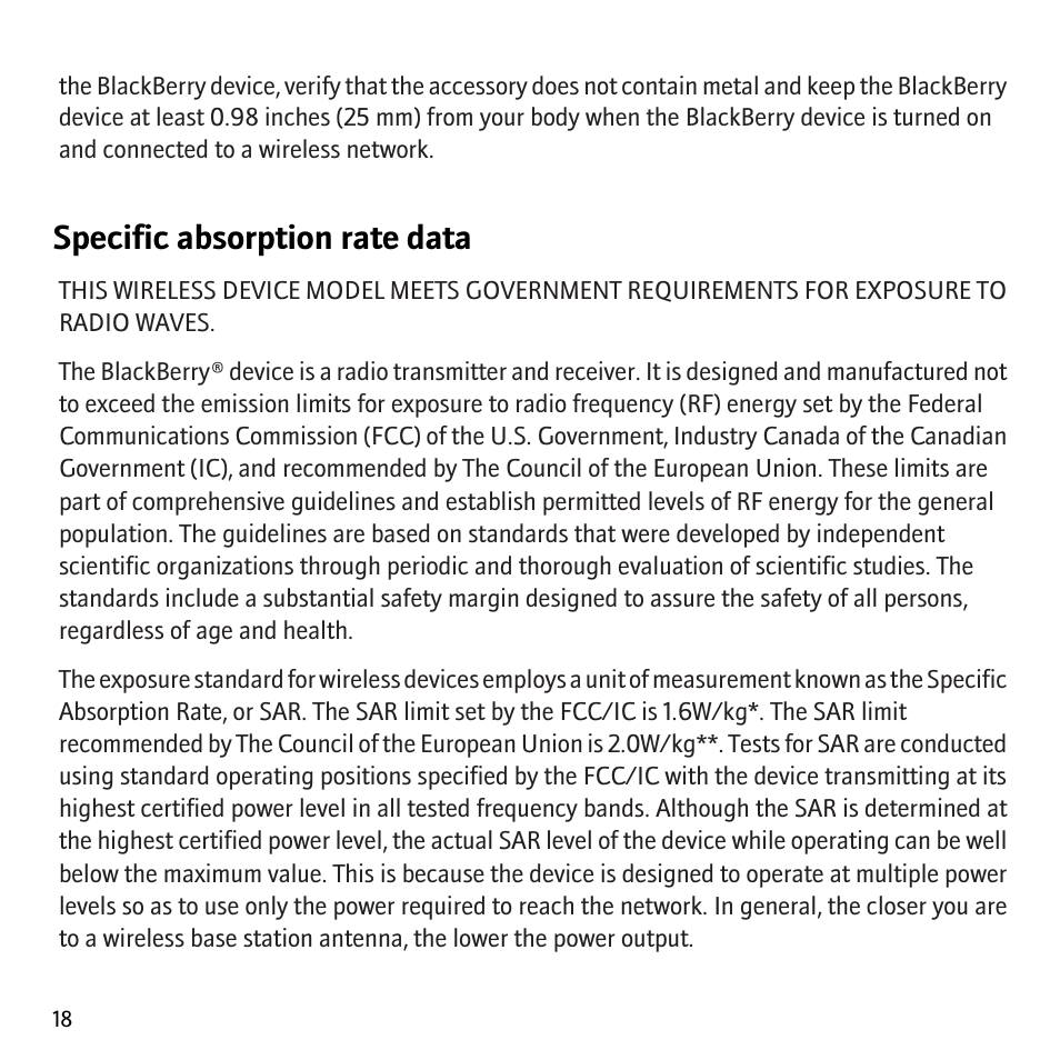 Specific absorption rate data | Blackberry Bold 9000 User Manual | Page 20 / 36