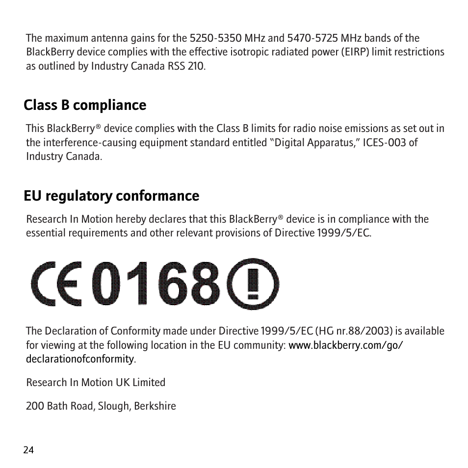 Class b compliance, Eu regulatory conformance | Blackberry Bold 9000 User Manual | Page 26 / 36
