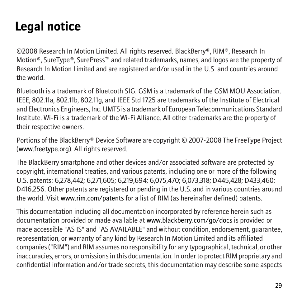 Legal notice | Blackberry Bold 9000 User Manual | Page 31 / 36