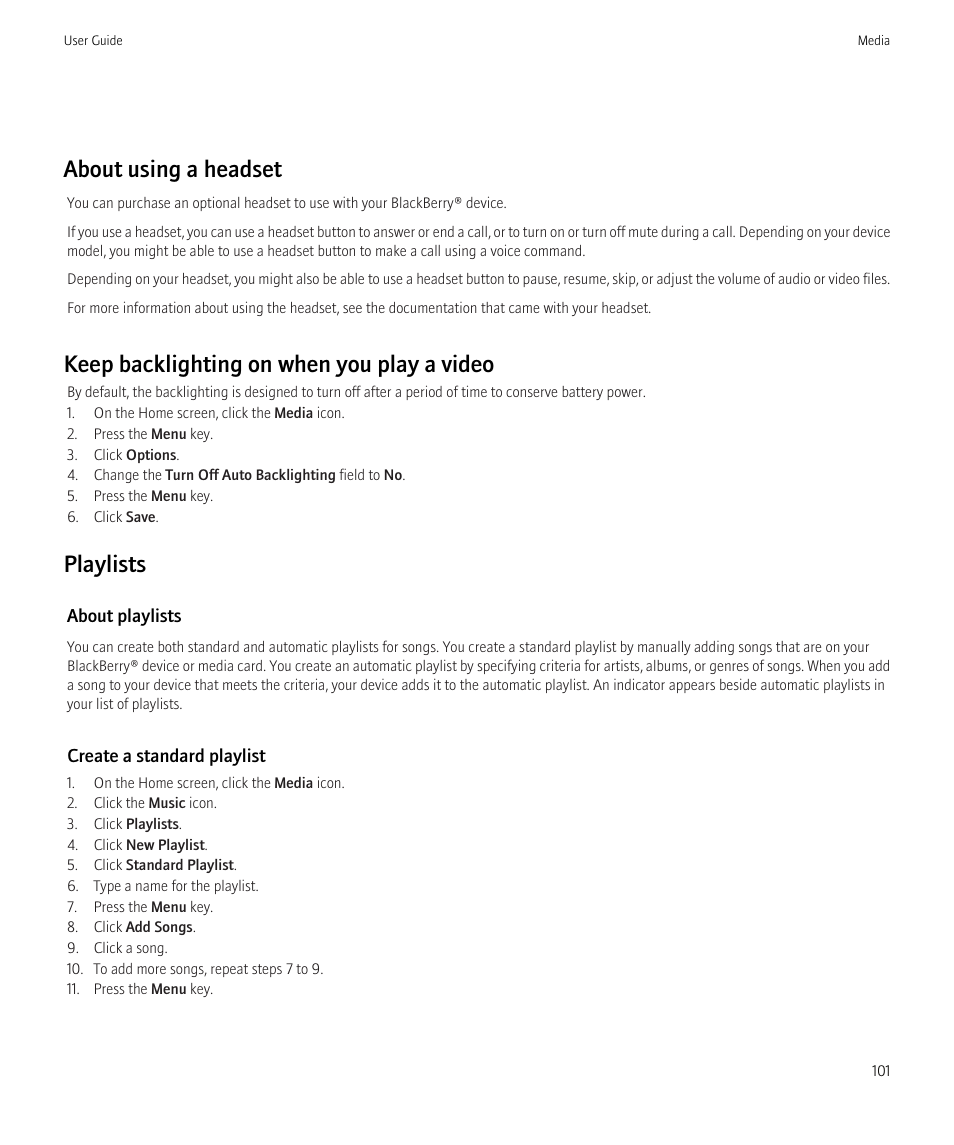About using a headset, Keep backlighting on when you play a video, Playlists | Blackberry CURVE 8350I User Manual | Page 103 / 318