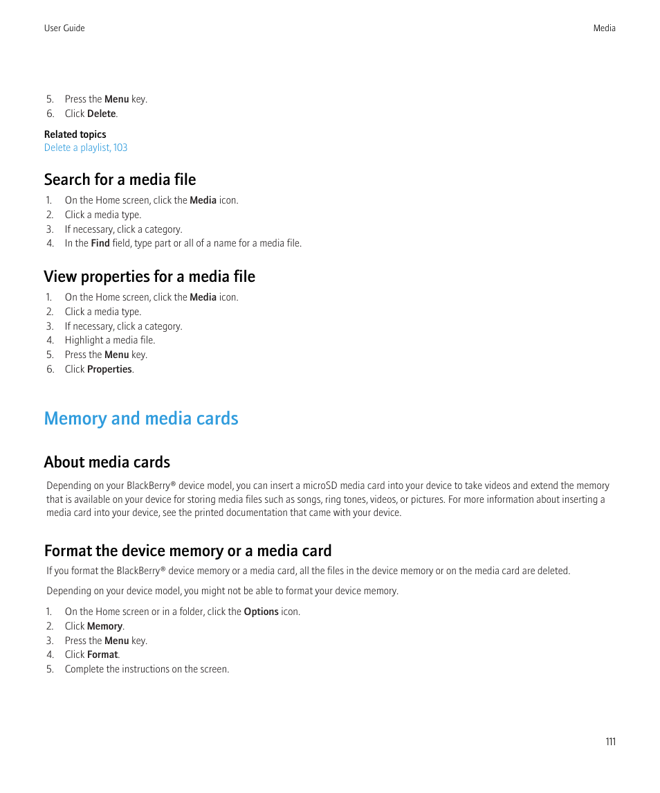Memory and media cards, View properties for a media file, 111, Search for a media file | View properties for a media file, About media cards | Blackberry CURVE 8350I User Manual | Page 113 / 318