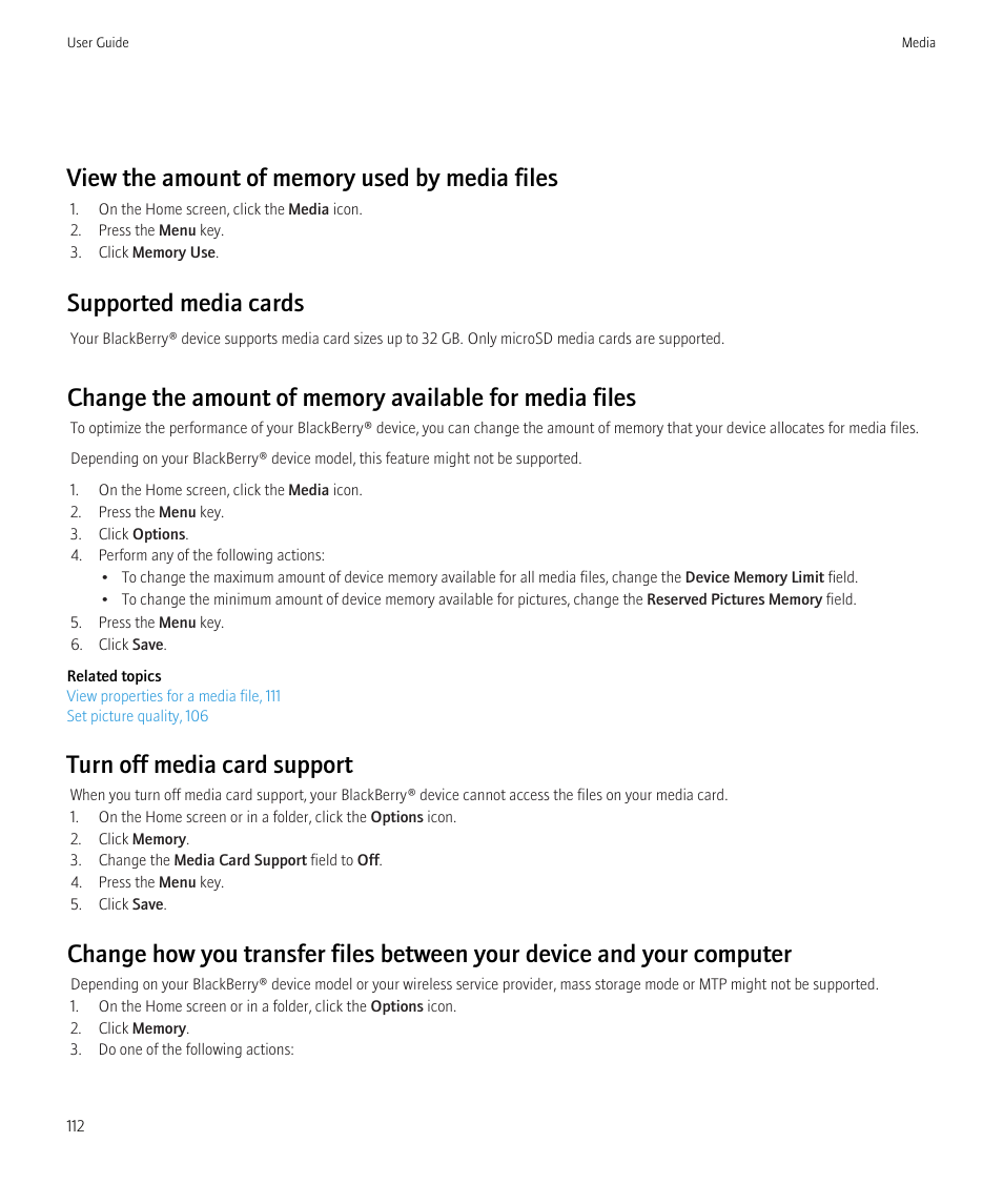 Supported media cards, Turn off media card support | Blackberry CURVE 8350I User Manual | Page 114 / 318