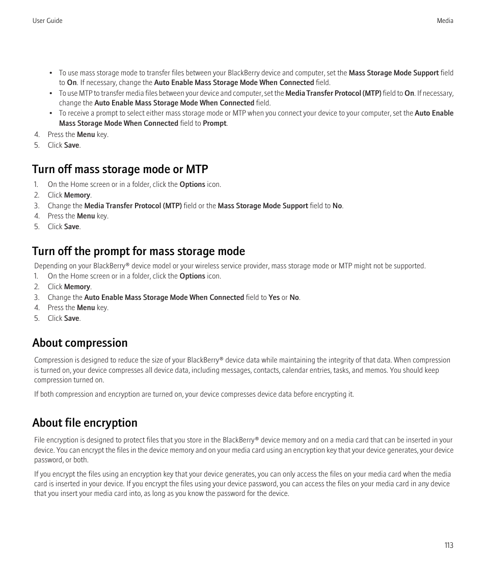 Turn off mass storage mode or mtp, Turn off the prompt for mass storage mode, About compression | About file encryption | Blackberry CURVE 8350I User Manual | Page 115 / 318